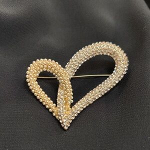 Anne Klein Gold Crystal Pave Double Heart Brooch Statement Pin